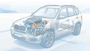 Оригинальные запчасти двигателя BMW X5 E70, современная иллюстрация для блога ДНК Авто.