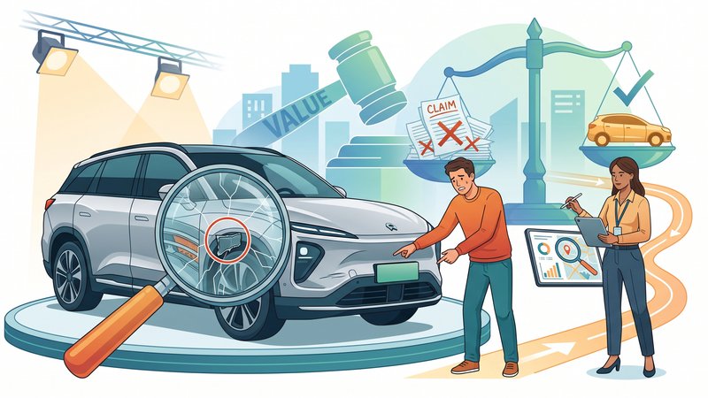 Иллюстрация процесса независимой оценки китайского автомобиля для оспаривания страховой выплаты в современном стиле